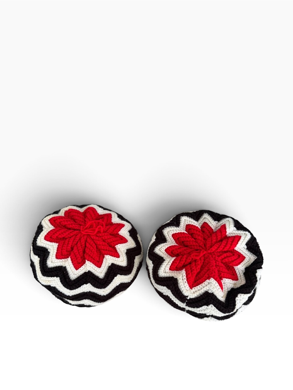 Vtg Crochet Round Granny Throw Pillow Red Black White Yarn Ruffled Handmade